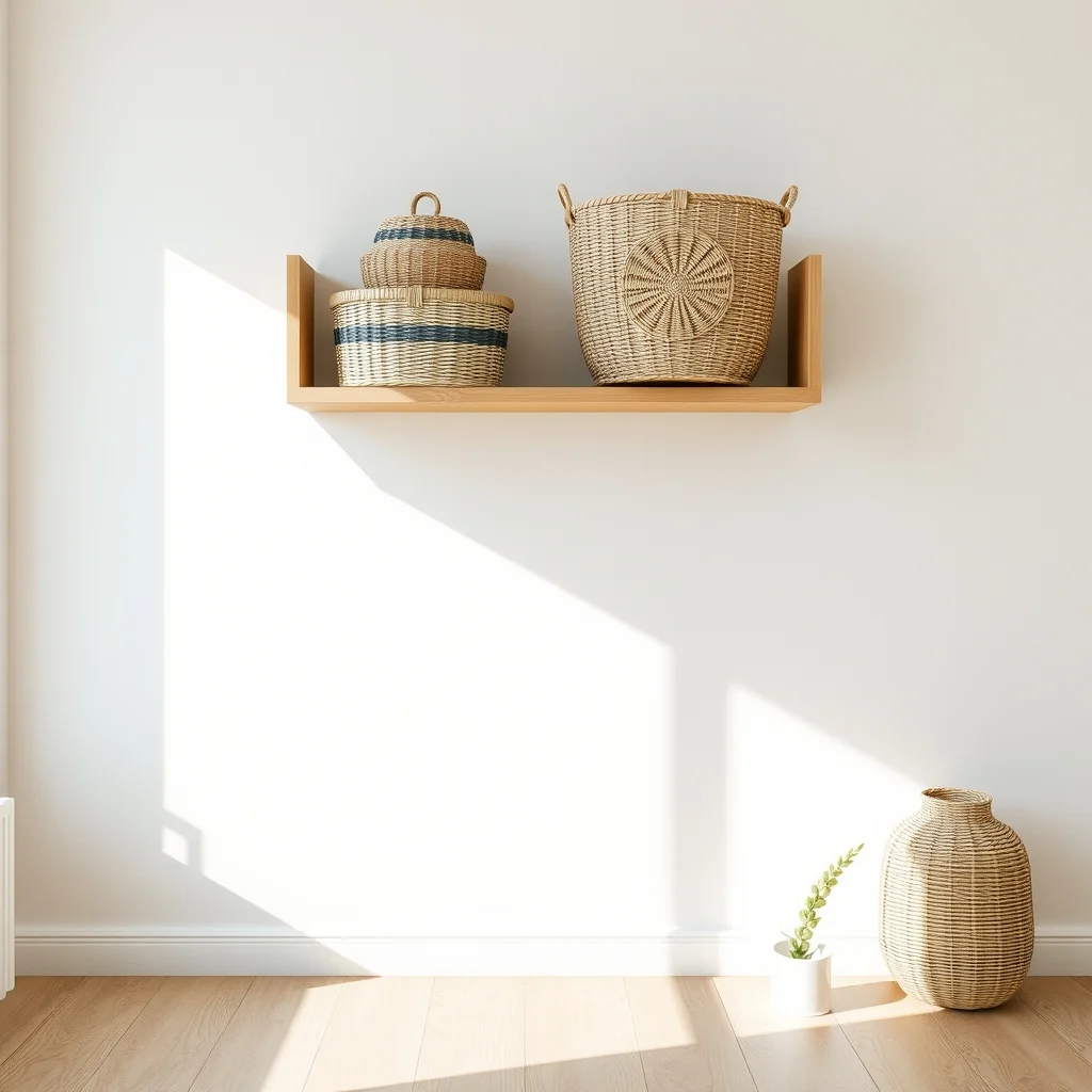 Scandinavian open shelves two above a pale oak floor hold woven rattan baskets in muted teal and natural straw natural daylight from a frosted window casts gentle shadows across the arrangement