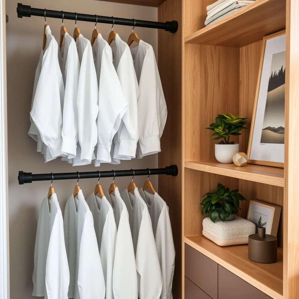 Scandinavian style closet featuring a matte black adjustable tension rod positioned low holding crisp white shirts warm LED strip lighting outlines the rod while light oak shelves reflect a