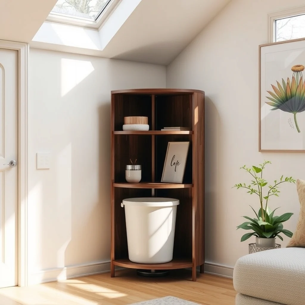 Scandinavian style corner unit with three wooden tiers dark walnut finish central axis rotates to reveal a hidden white plastic bin Sunlight from skylight casts gentle shadows