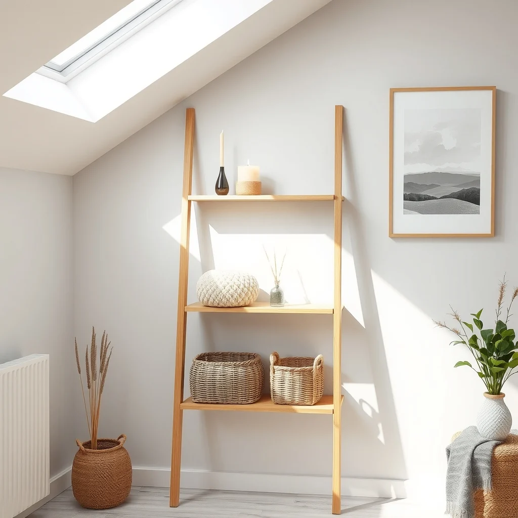 Scandinavian style narrow wooden ladder shelf leaning against pale gray wall three open tiers holding woven baskets loofah and scented candles diffused daylight from skylight creates airy mold resistant ambiance