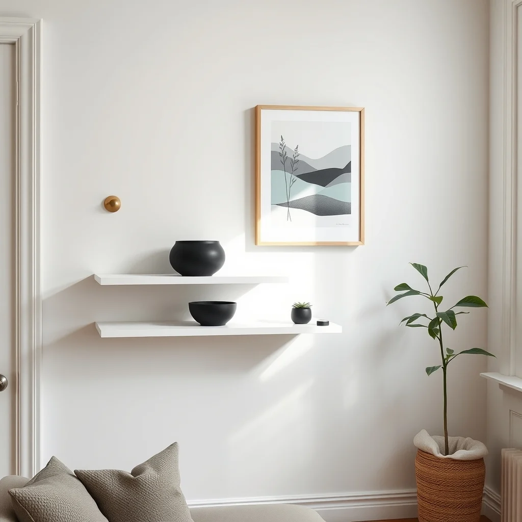 Scandinavian white floating shelf six inches deep mounted above the console holds matte black ceramic bowls and a small potted succulents brushed brass wall bracket adds warmth bright overhead LED casts clean shadows