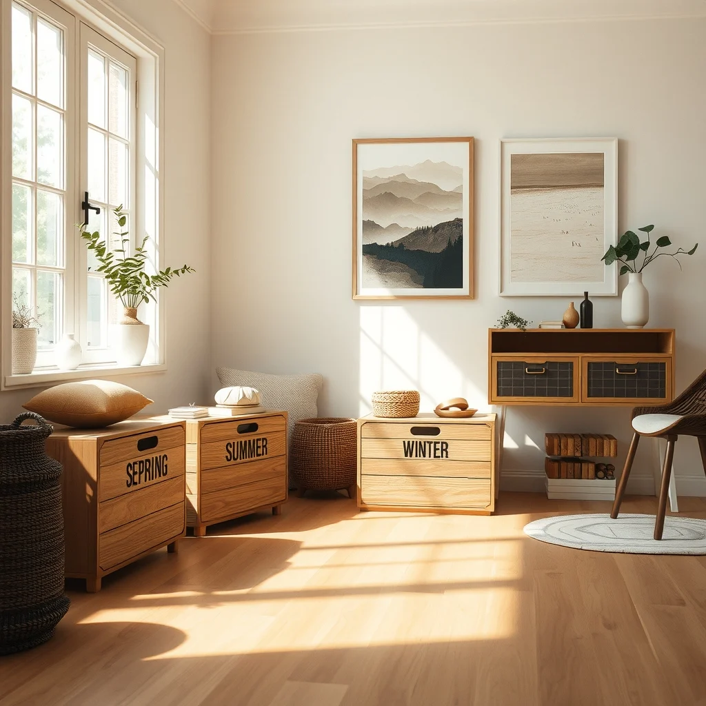 Seasonal wooden crates labeled spring summer fall winter line the entry a light oak