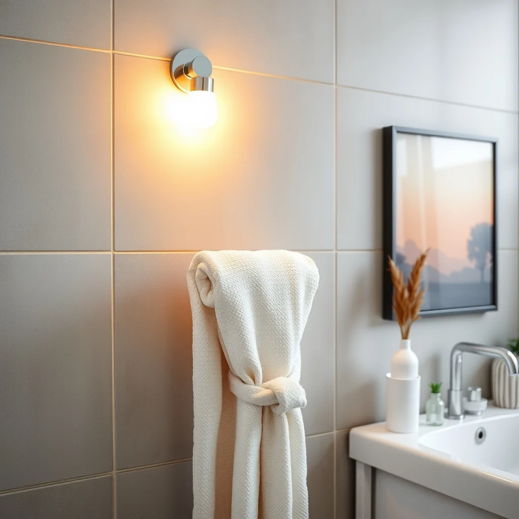 Sleek chrome tension rod at waist height holding plush cream towels a rolled linen robe against matte gray tile wall illuminated by warm LED vanity light close up angle