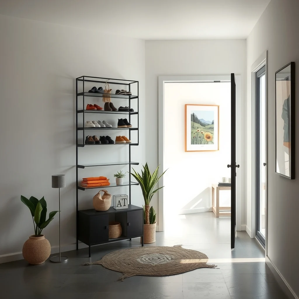 Sleek entryway featuring a black metal multi tier shoe rack hanging over the door three levels of clear acrylic shelves polished concrete