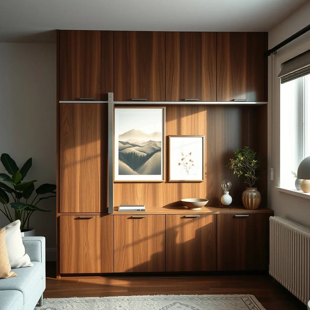 Sleek stainless steel sliding rail affixed to a deep walnut cabinet wall illuminated