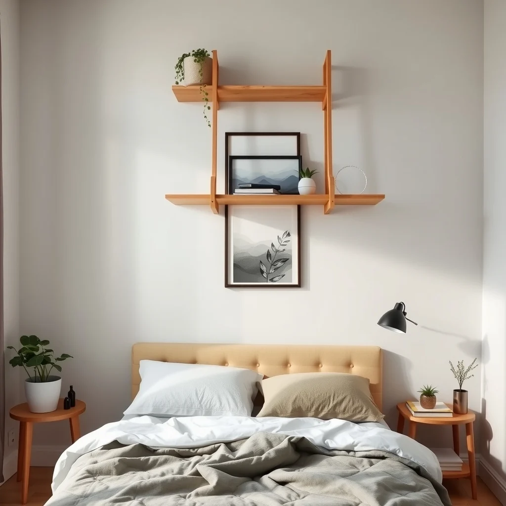 Slender wooden ladder shelf perched above