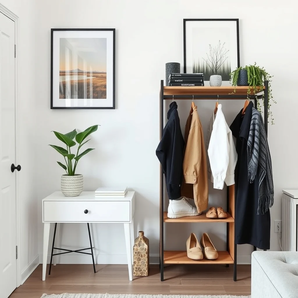 Small Apartment Coat Storage Without a Coat Closet interior: 4. Multi‑purpose console with a hidden coat compartment - A narrow console table placed against the wall can conceal a shallow coat compartment behind a lift‑top surface. When the top is raised, a row of slim hangers slides out, allowing you to store a