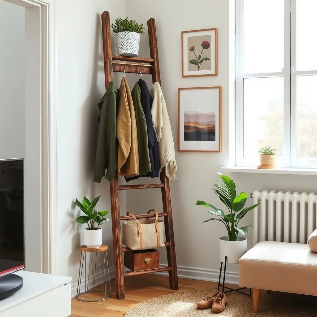 Small Apartment Coat Storage Without a Coat Closet interior: 5. Freestanding ladder turned coat hanger - An old wooden ladder, repurposed as a vertical coat rack, brings a rustic charm to a modern apartment. Position the ladder against a corner wall, and use the rungs as natural hooks by attaching small