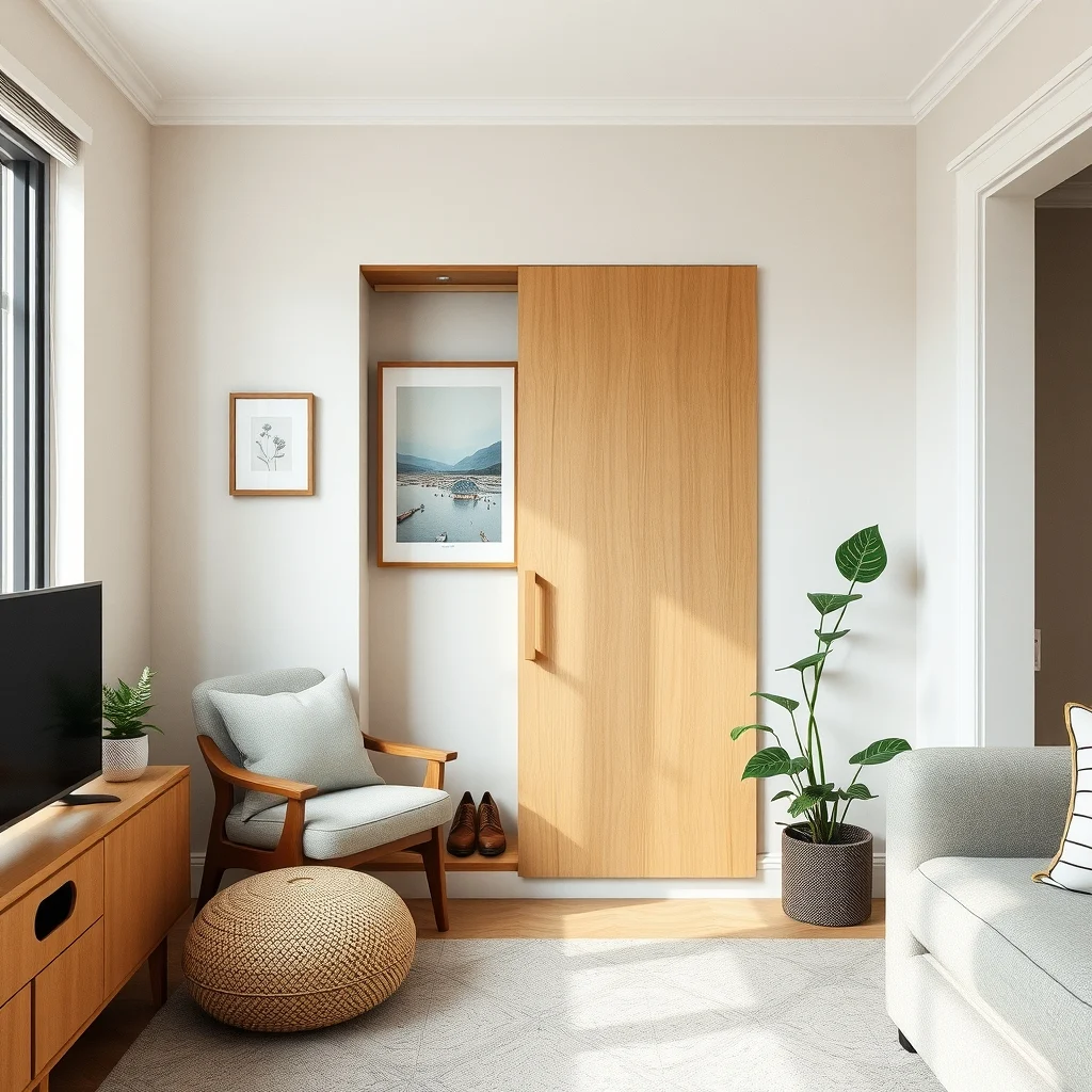 Small Apartment Coat Storage Without a Coat Closet interior: 7. Built‑in nook with a sliding panel - In apartments with a small alcove or recessed corner, a built‑in niche can become a hidden coat closet. A sliding wooden panel, finished to match surrounding trim, conceals a shallow rod and a slim shoe