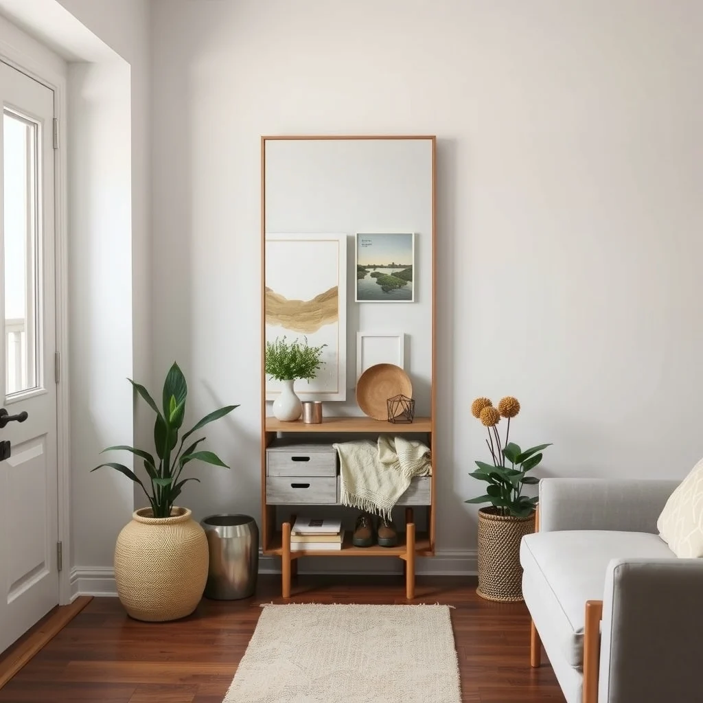 Small Apartment Entryway Organization With No Closet interior: 4. Use a mirror with built‑in storage behind it - A full‑length mirror placed on the entry wall instantly enlarges the perception of space, reflecting both natural light and decorative elements. When the mirror incorporates a shallow cabinet or recessed shelf, it serves a dual