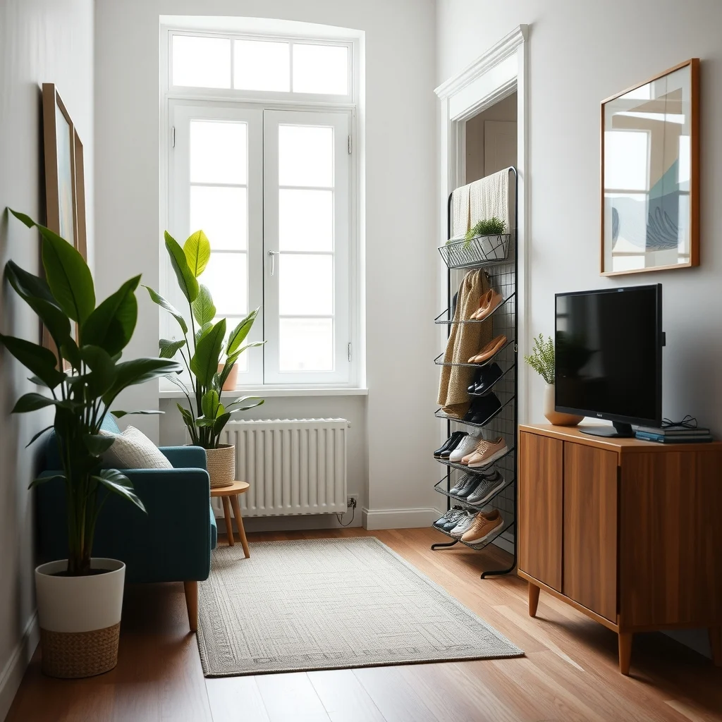 Small Apartment Entryway Organization With No Closet interior: 5. Incorporate a narrow shoe rack or over‑the‑door organizer - Shoes are the most common entryway culprits, and a vertical shoe rack that is no wider than 10 inches can fit snugly against the wall or the back of a door. Materials such as powder‑coated