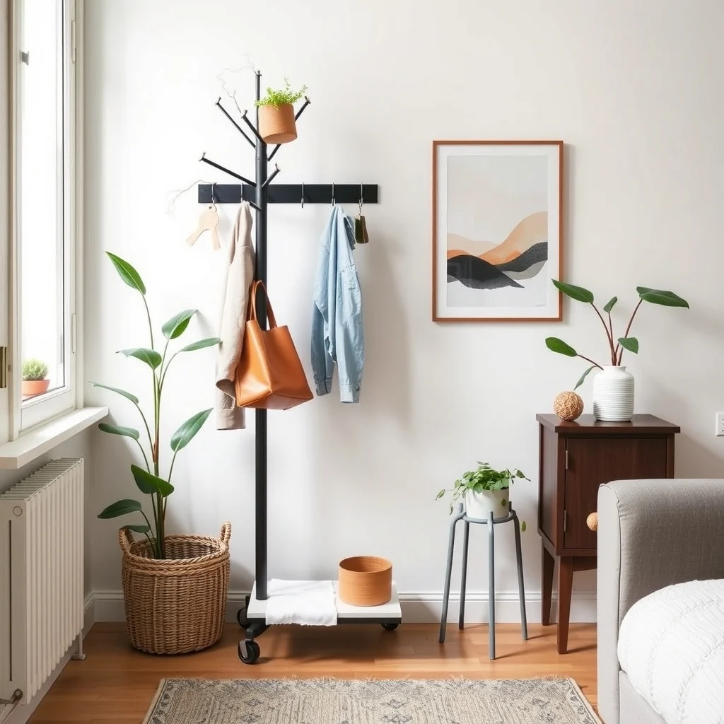 Small Apartment Entryway Organization With No Closet interior: 6. Select a mobile coat rack with an integrated tray - A freestanding coat rack on wheels combines flexibility with storage. Look for a that includes a lower tray for mail, a small basket for gloves, or a decorative bowl for loose change. The vertical