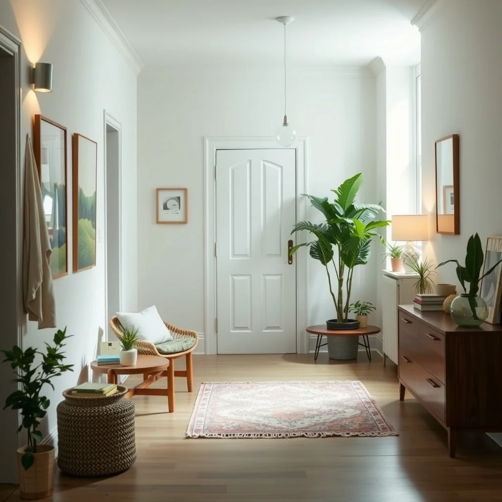 Small Apartment Entryway Organization With No Closet interior: 7. Blend subtle lighting with a touch of greenery - Good lighting softens the transition from street to home and highlights the organization you’ve created. A small wall‑mounted sconce or a pendant lamp with a dimmable bulb adds ambience without taking up floor area. Choose