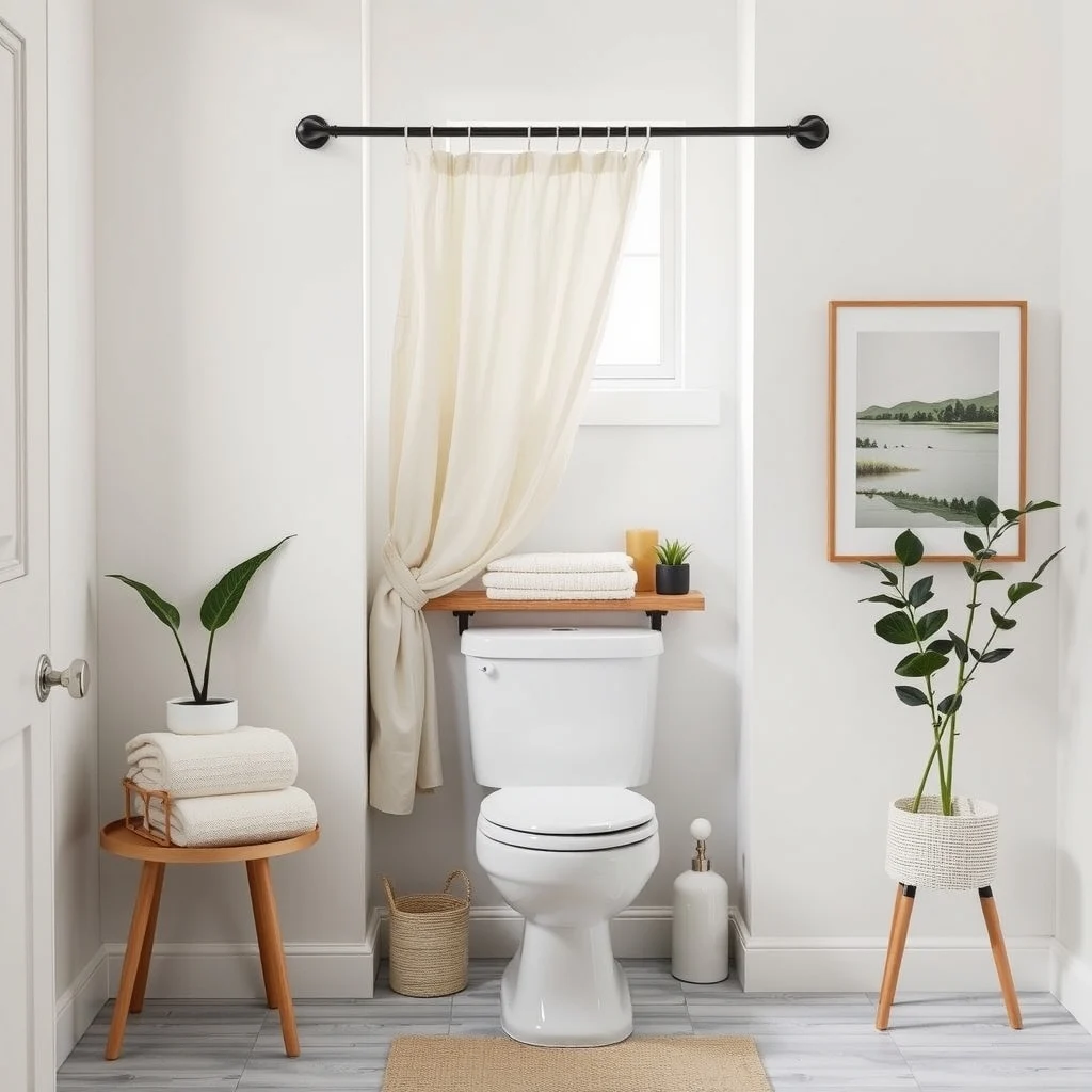 Small Bathroom Storage Ideas for Renters With No Cabinets interior: 5. Tension‑Rod Curtain Divider - A tension rod installed between two walls can support a lightweight fabric curtain that hangs just above the toilet area, creating a hidden pocket for rolled towels or a small laundry basket. The rod expands