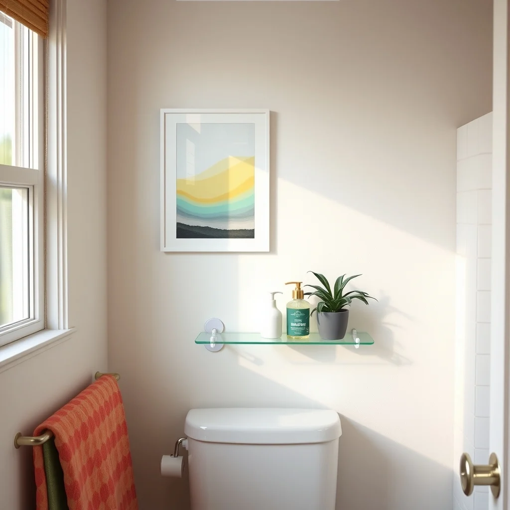 Small Bathroom Storage Ideas for Renters With No Cabinets interior: 6. Corner Shelf with Suction Cups - Utilizing a corner that is often ignored, a small glass or acrylic shelf attached with strong suction cups can hold a decorative soap dispenser, a tiny potted succulent, or a stack of travel‑size shampoos. The