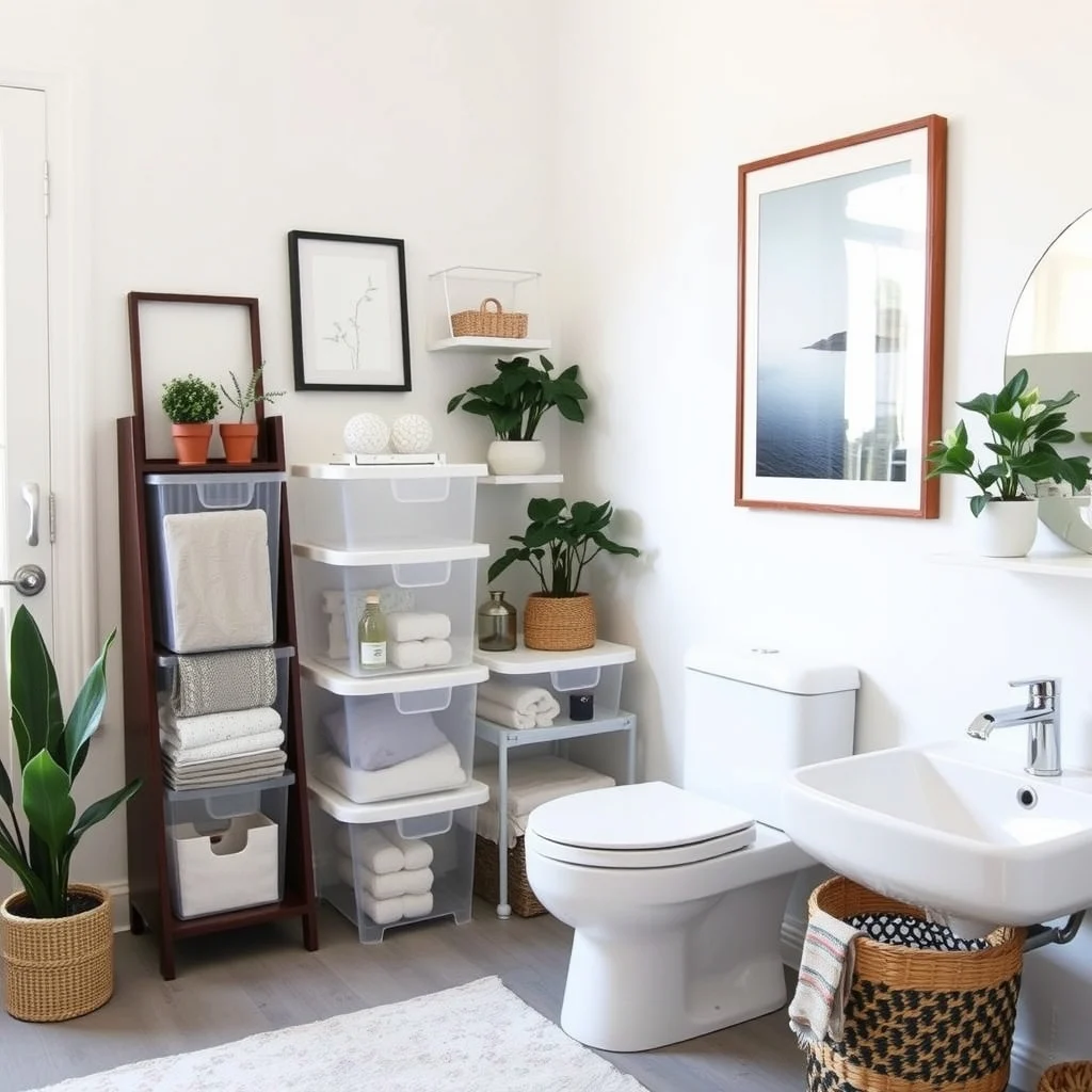Small Bathroom Storage Ideas for Renters With No Cabinets interior: 7. Stackable Plastic Bins with Lids - Clear, stackable bins that snap together create a modular system that can be arranged vertically on a shelf or on the floor. The transparent walls let you see the contents at a glance, reducing the