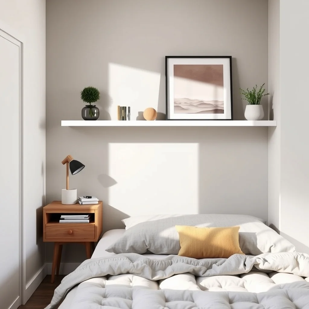 Small Bedroom Nightstand Alternatives With Hidden Storage: 1. Floating Wall Shelf With a Concealed Compartment - A sleek floating shelf mounted at eye level instantly frees up floor space, and when the shelf incorporates a hidden compartment behind a sliding panel, it becomes a discreet nightstand. The panel can be crafted
