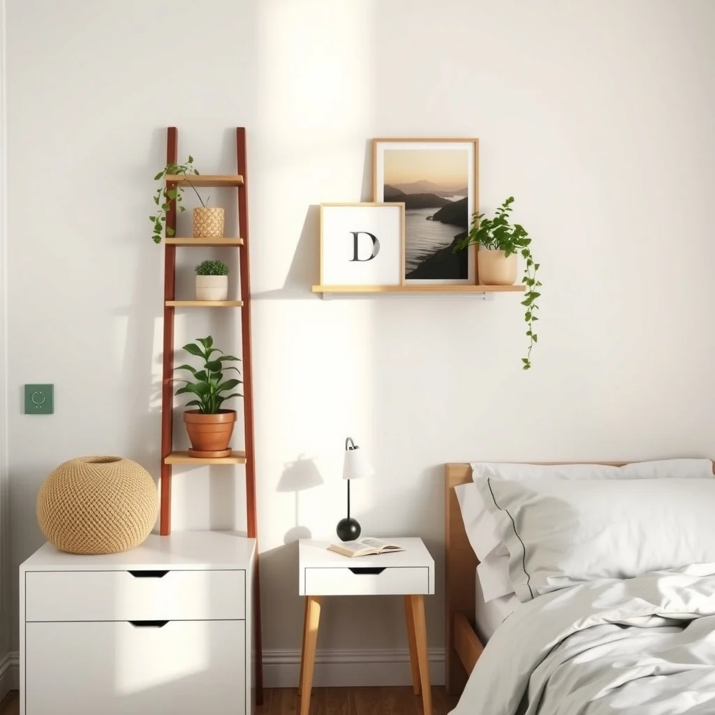 Small Bedroom Nightstand Alternatives With Hidden Storage: 2. Ladder‑Style Shelf That Doubles as a Nightstand - A narrow ladder shelf leans against the wall, offering two or three horizontal rungs that can serve as display surfaces. The bottom rung, positioned at a comfortable height, acts as the primary nightstand surface, while