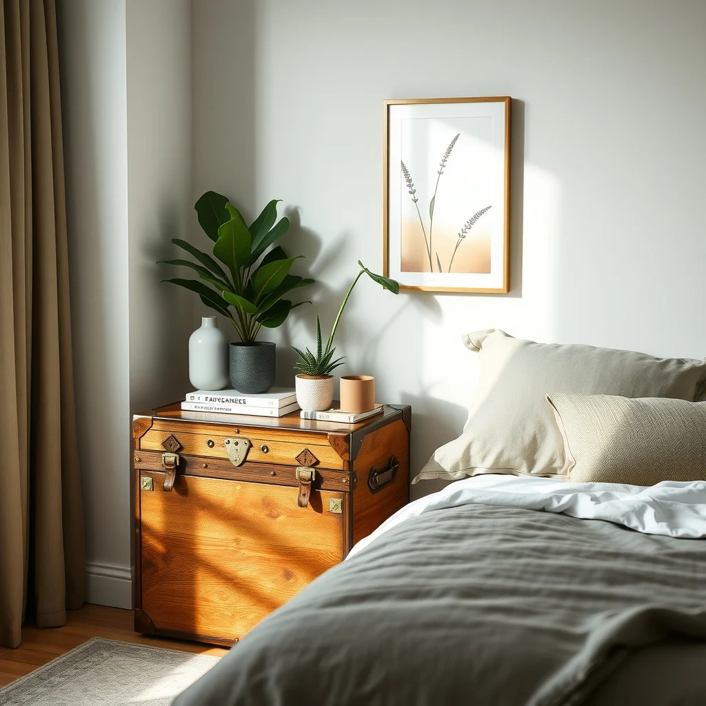 Small Bedroom Nightstand Alternatives With Hidden Storage: 3. Vintage Trunk or Steamer Chest Resting at Bedside - A compact vintage trunk, originally designed for travel, can serve as an eye‑catching bedside table while providing a generous interior compartment. The sturdy leather straps or brass hinges give the piece character, and the lid