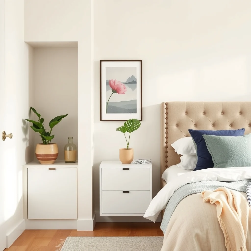 Small Bedroom Nightstand Alternatives With Hidden Storage: 4. Built‑In Bedside Nook Using a Recessed Alcove - If the bedroom layout includes a slight indentation in the wall or a space between the headboard and a side wall, that niche can be turned into a built‑in nightstand. By installing a shallow cabinet