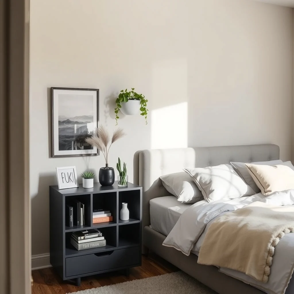 Small Bedroom Nightstand Alternatives With Hidden Storage: 5. Multi‑Tiered Cube Organizer With a Pull‑Out Drawer - A modern cube organizer, often seen in contemporary living rooms, can be repurposed for the bedroom when one of the cubes includes a concealed pull‑out drawer. Arrange the cubes so the front-facing unit sits at