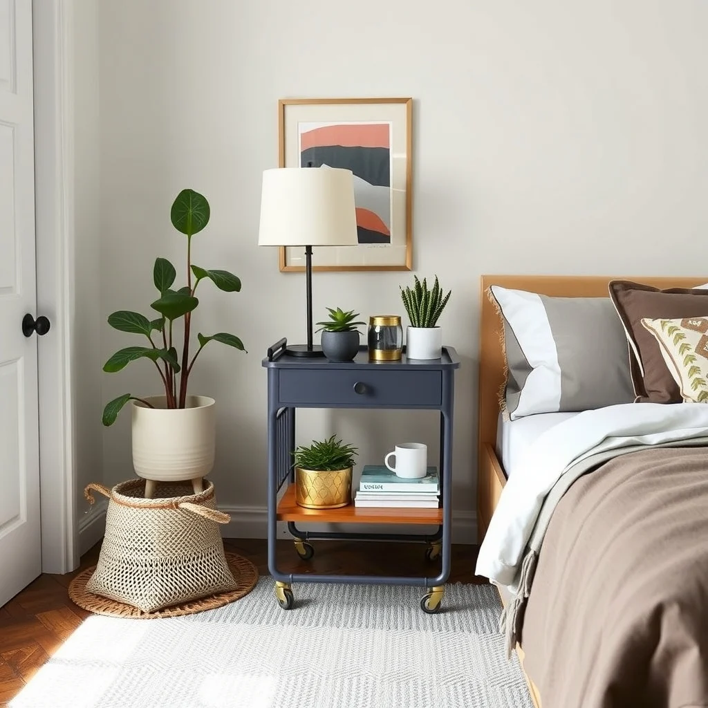 Small Bedroom Nightstand Alternatives With Hidden Storage: 7. Repurposed Kitchen Cart With a Hidden Bottom Shelf - A narrow, three‑tier kitchen cart can be transformed into a mobile nightstand that slides under the bed when not in use. The top tier serves as the lamp surface, the middle tier can hold a