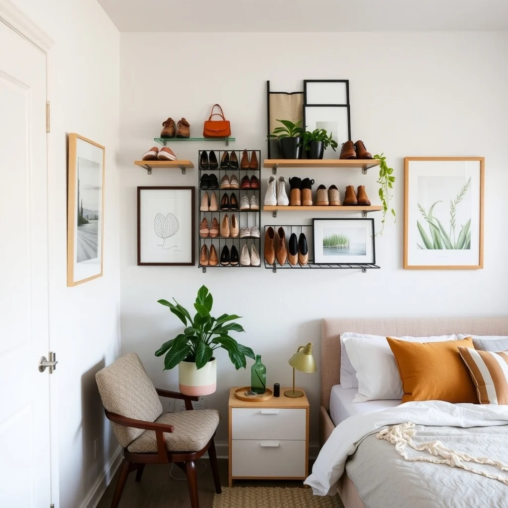 Small Bedroom Organization for With Too Many Shoes: 4. Install a Dedicated Shoe Wall - A narrow strip of wall space—perhaps beside the closet or above a dresser—can become a sleek shoe showcase. Wall‑mounted cubbies, metal grids, or a series of floating shelves create vertical storage that uses height rather