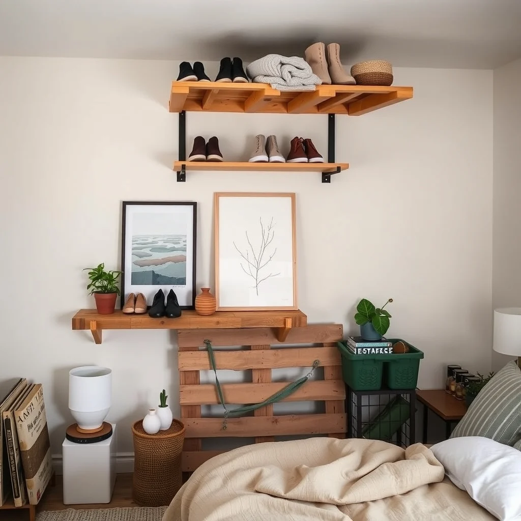 Small Bedroom Organization for With Too Many Shoes: 6. Explore Overhead Options for Seasonal Shoes - If the ceiling height permits, a low loft or a ceiling‑mounted hanging rack can store shoes you only wear seasonally. A simple wooden pallet fixed to the wall with sturdy brackets creates a rustic shelf