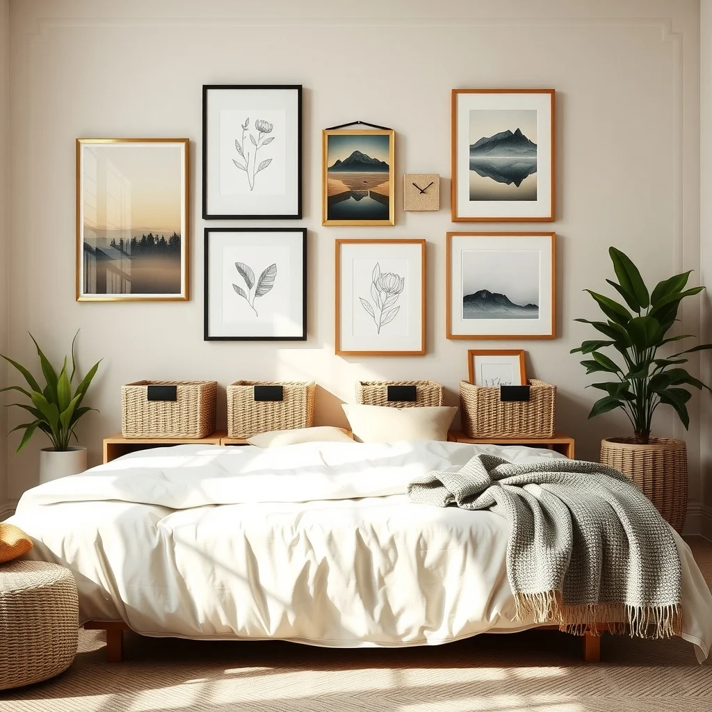Small Bedroom Storage Ideas That Keep the Room Calm: 4. Use a Curated Gallery Wall with Hidden Baskets - Turning a wall into a gallery can double as storage when you incorporate shallow baskets behind framed art. Select frames of varying sizes in a consistent finish—perhaps brushed brass or matte black—and arrange them in