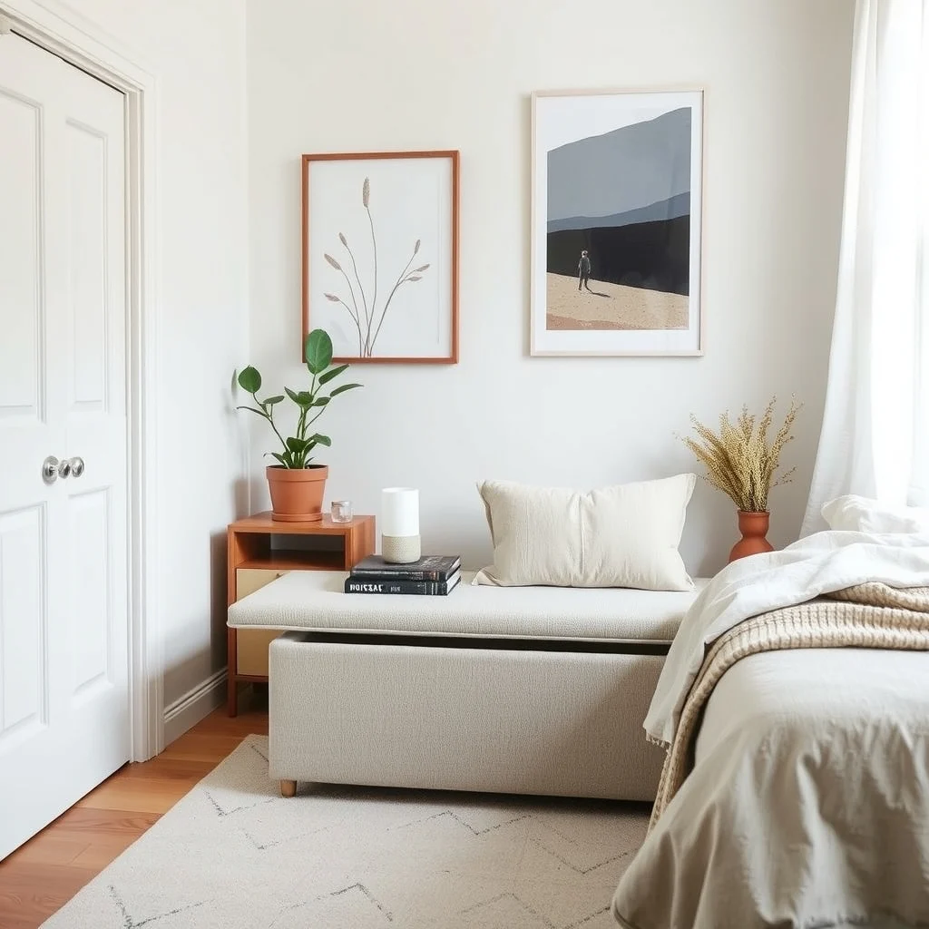 Small Bedroom Storage Ideas That Keep the Room Calm: 5. Choose a Bench with an Interior Compartment - A bench at the foot of the bed serves as both seating and a concealed storage box. When upholstered in a neutral linen or a soft boucle, it adds texture while remaining understated. The lid