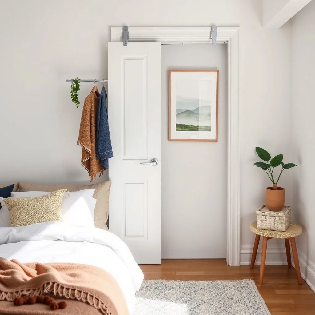Small Bedroom Storage Ideas That Keep the Room Calm: 6. Hang a Set of Slim Closet Rods on the Back of the Door - When closet space is limited, the back of the bedroom door becomes a surprisingly useful vertical plane. Install two thin, chrome rods—one for hanging scarves or belts, the other for lightweight tops. The rods sit