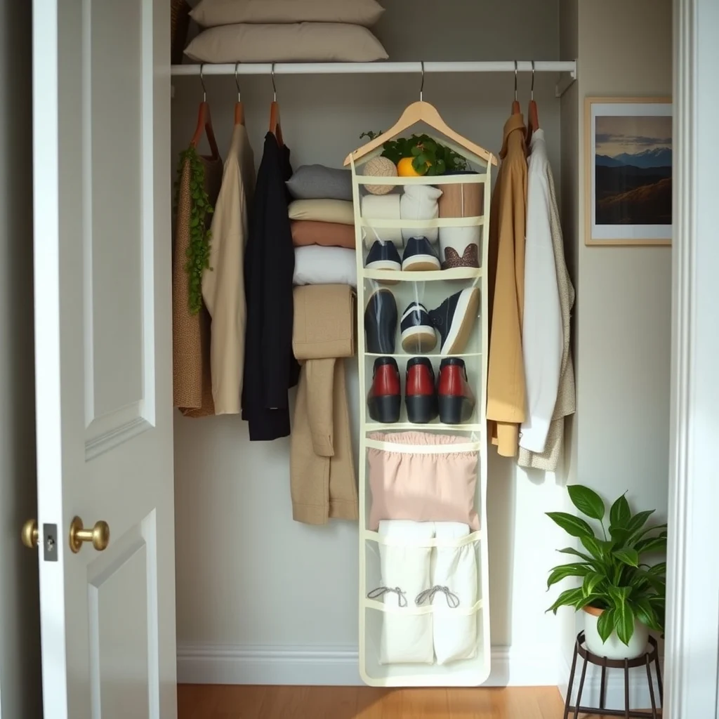 Small Closet Organization for Renters on a Budget: 5. Incorporate a Hanging Organizer with Clear Pockets - When floor space is scarce, the back of the closet door becomes a valuable real estate. A hanging organizer made from clear vinyl or lightweight canvas provides multiple pockets that are perfect for shoes, seasonal