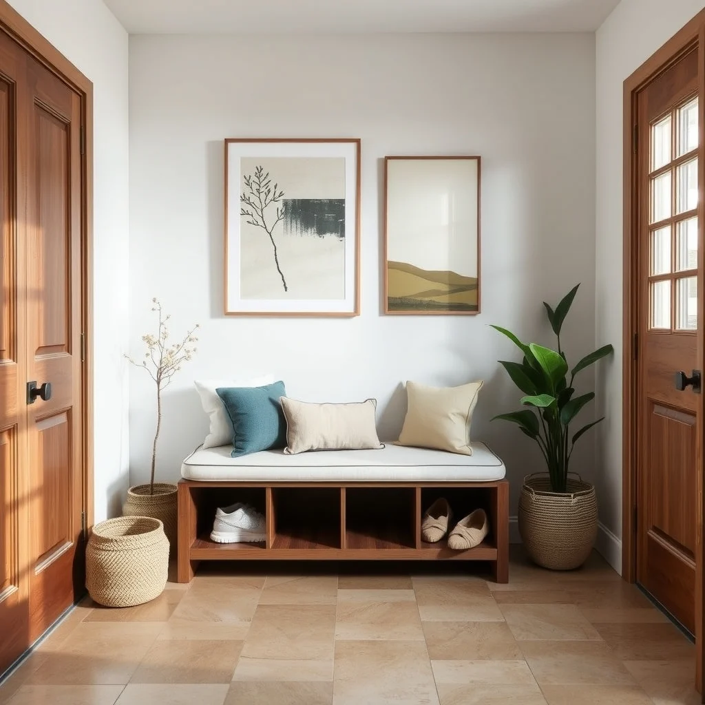 Small Entryway Storage Ideas for Apartments With Tile Floors: 2. Built‑In Bench with Hidden Compartments - A low bench placed against the wall provides a place to sit while slipping on shoes, and the interior can be divided into discreet drawers or lift‑top storage. Choosing a bench upholstered in a soft,