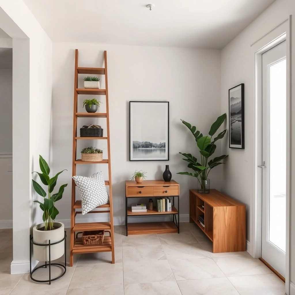 Small Entryway Storage Ideas for Apartments With Tile Floors: 4. Multi‑Tier Ladder Shelf - A leaning ladder shelf made from reclaimed pine or painted metal introduces a relaxed, industrial vibe that contrasts nicely with polished tile. The staggered steps act as open shelves, each capable of holding a different