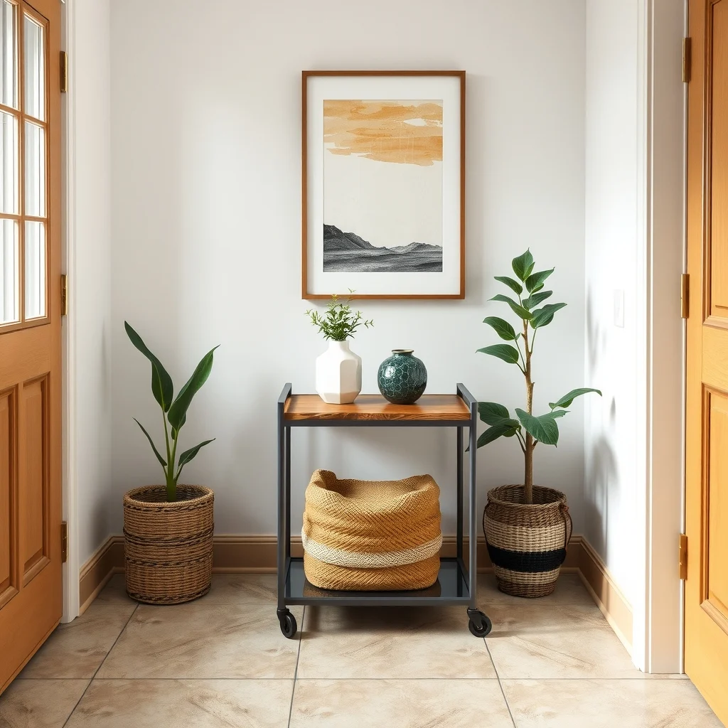Small Entryway Storage Ideas for Apartments With Tile Floors: 5. Rolling Storage Cart with Tile‑Friendly Wheels - A compact cart on soft‑rubber wheels offers mobility that a fixed piece cannot. Choose a cart with a metal frame and a top surface in reclaimed wood, which adds warmth against the cool tile. The