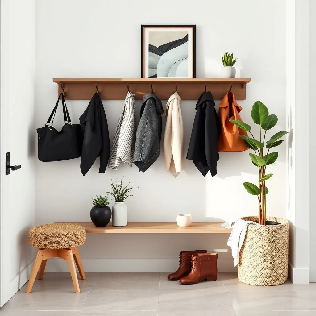 Small Entryway Storage Ideas for Apartments With Tile Floors: 6. Floating Coat Hooks with Integrated Shelf - Installing a row of sleek coat hooks at eye level creates immediate hanging space without using floor area. Pair the hooks with a shallow floating shelf directly beneath them; the shelf can hold a decorative