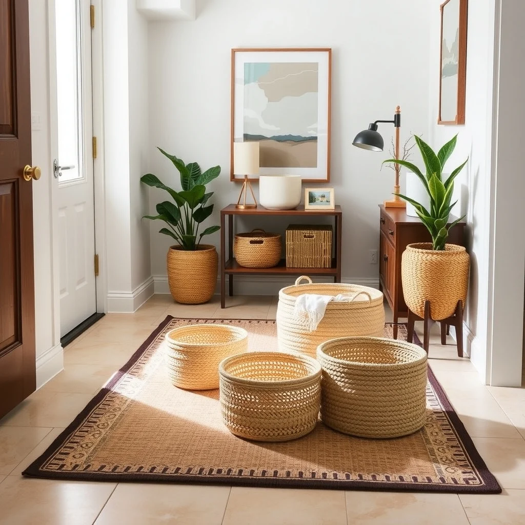 Small Entryway Storage Ideas for Apartments With Tile Floors: 7. Decorative Baskets on a Tile‑Safe Rug - Placing a set of woven baskets on a low‑pile rug designed for tile adds texture and defines a storage zone without permanent fixtures. Choose baskets in natural fibers like seagrass or jute, which contrast pleasantly