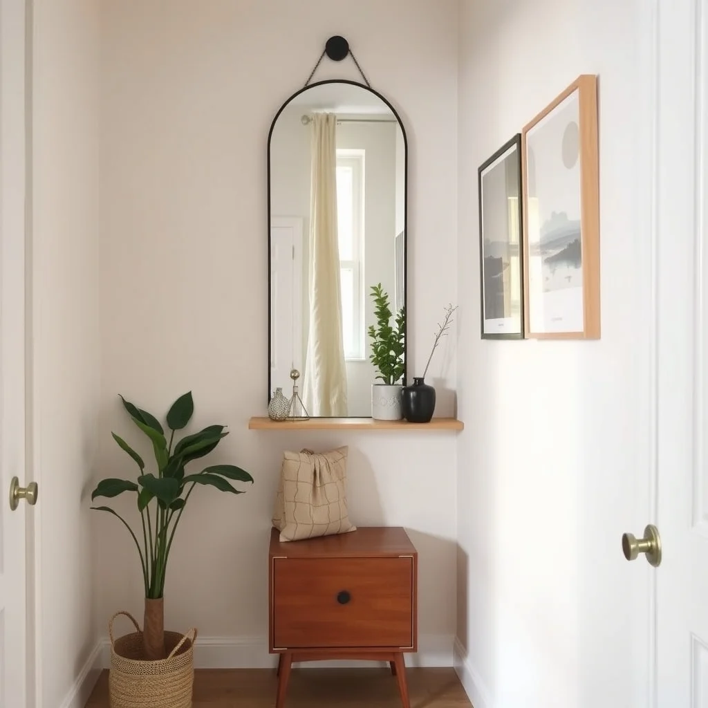 Small Hallway Storage Ideas That Do Not Block the Walkway interior: 7. Multi‑Function Mirror with Slim Shelf - Combining a mirror with a narrow shelf provides both a functional surface and an illusion of added space. A mirror that stretches the width of the hallway, set at eye level, reflects light and makes