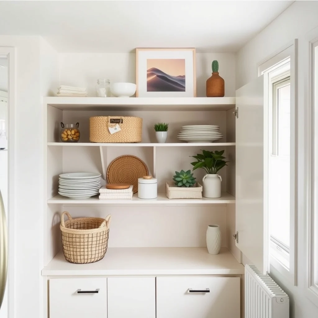 Small Kitchen Cabinet Organization for Deep Shelves interior: 5. Decorative baskets and bins fit the cabinet’s height and add texture - Soft woven baskets or sturdy metal bins can be cut to the exact height of a deep shelf, creating a uniform look that also groups similar items together. For example, a set of three linen