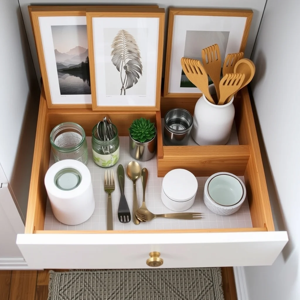 Small Kitchen Drawer Organization for Utensils and Tools interior: 6. Choose a Drawer Liner That Guides Placement - A well‑chosen drawer liner does more than protect the wood; it can act as a subtle guide for where items belong. A non‑slip silicone mat with a faint grid pattern provides tactile feedback, letting you