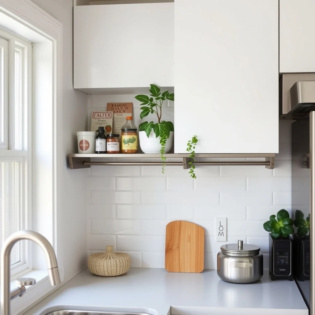 Small Kitchen Shelf Ideas That Keep Counters Clear interior: 5. Under‑Cabinet Rail Shelf - Installing a thin rail shelf directly beneath an upper cabinet makes use of the vertical gap that often goes unnoticed. A stainless‑steel or powder‑coated aluminum rail can support a single row of spice jars, a