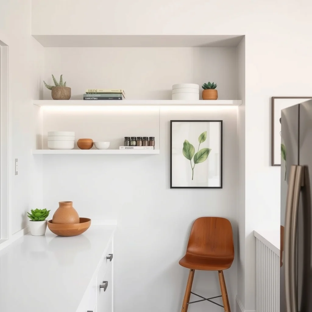 Small Kitchen Shelf Ideas That Keep Counters Clear interior: 7. Built‑In Niche Shelf with Integrated Lighting - A recessed niche cut into the wall, topped with a thin LED strip, provides a sleek shelf that feels part of the architecture. The lighting highlights the items placed inside—whether a collection of ceramic spice