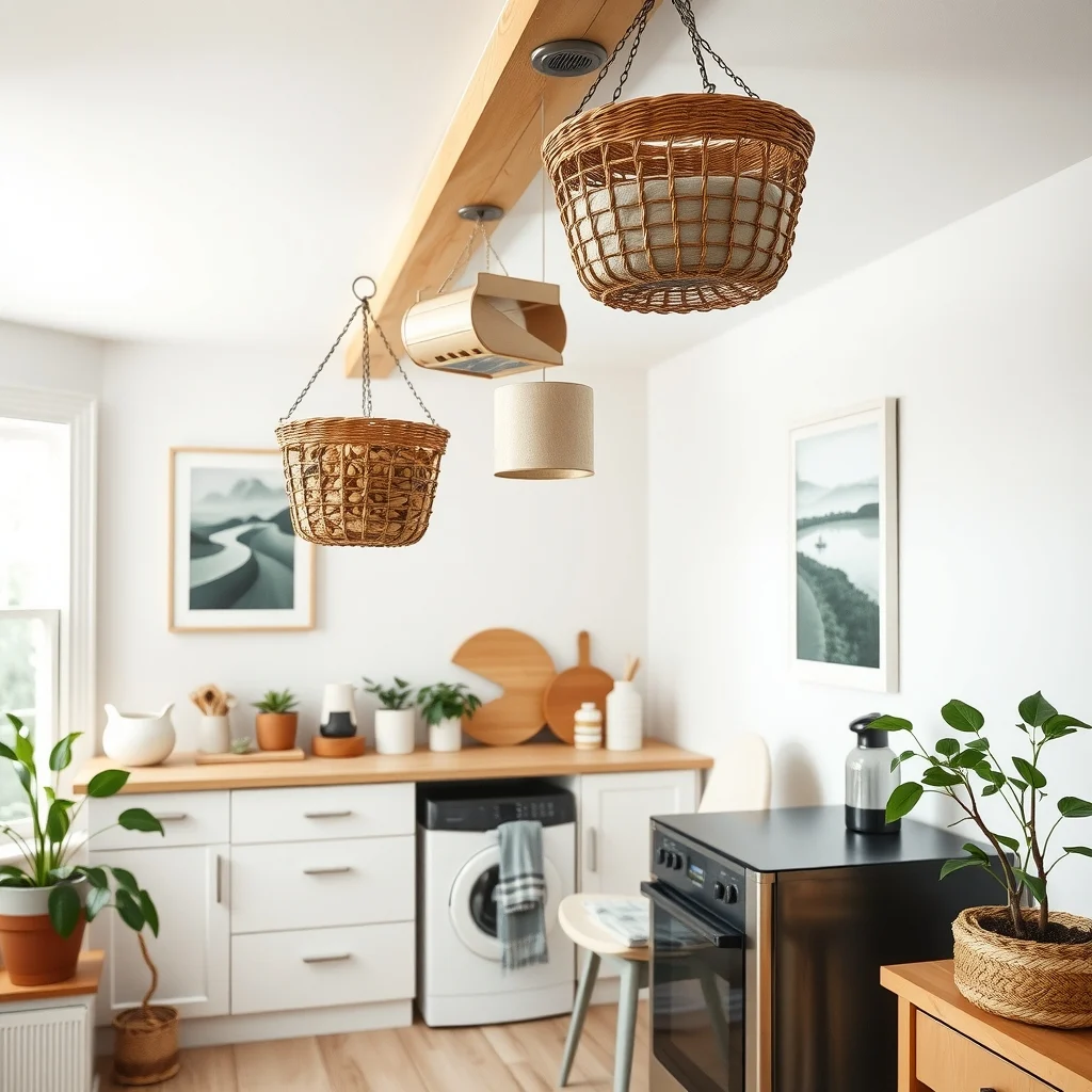 Small Kitchen Storage for Bulk Groceries in a Rental interior: 6. Ceiling‑Mounted Hanging Baskets for Non‑Perishables - If the kitchen has a sturdy ceiling beam or a decorative hook already installed, hanging baskets become an unexpected storage tier. Woven rattan or metal baskets can hold bags of beans, popcorn kernels, or dry