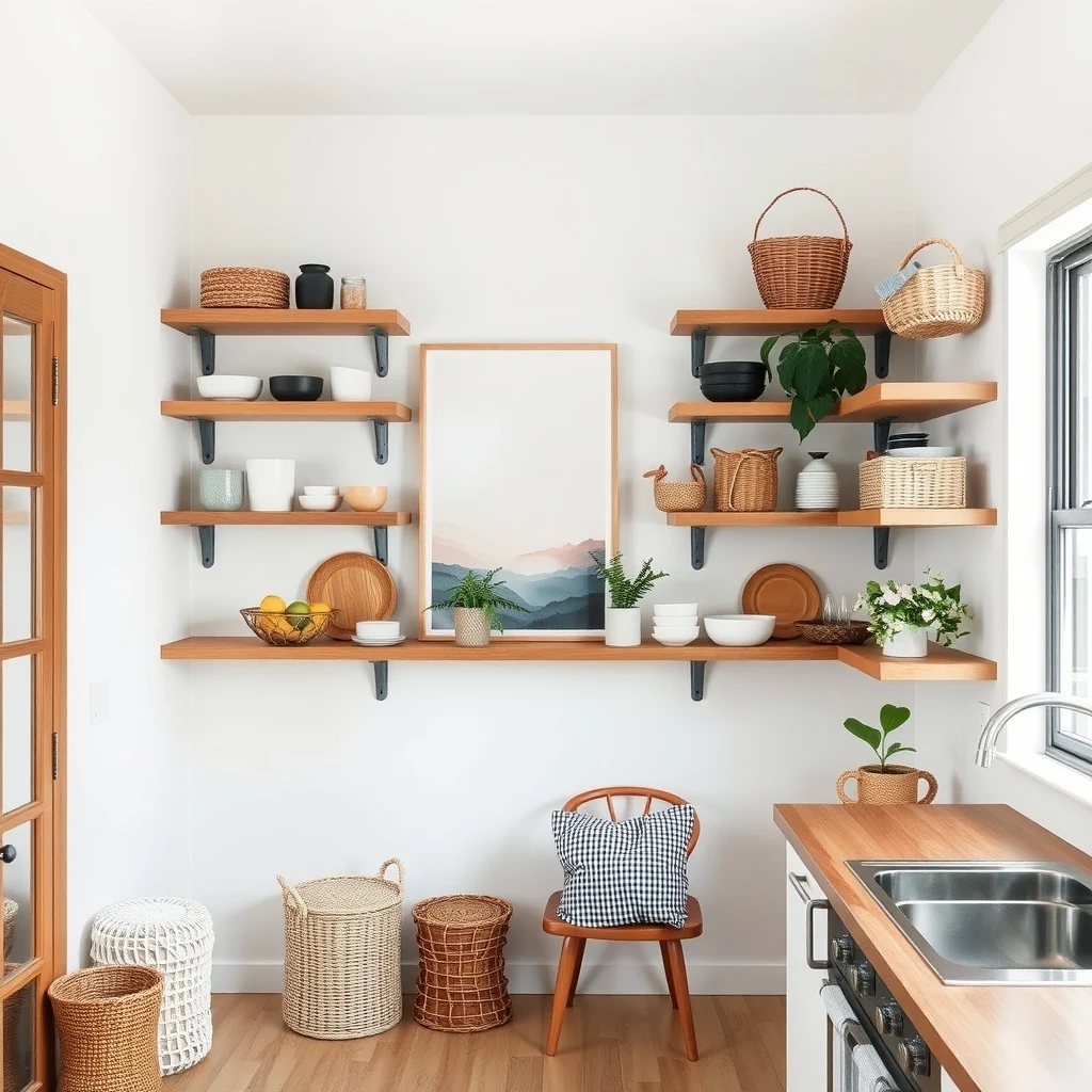 Small Kitchen Storage Ideas When You Have No Pantry interior: 2. Embrace Open Shelving Paired With Coordinated Baskets - Open shelving has become a staple in contemporary kitchens because it turns storage into a display. When you lack a pantry, line a wall with a series of 12‑inch floating shelves in a warm oak