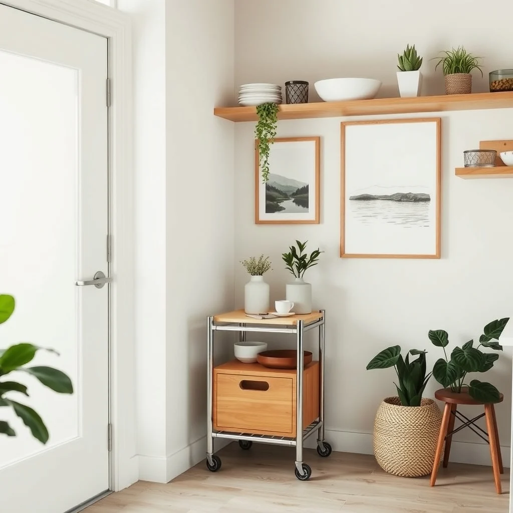 Small Kitchen Storage Ideas When You Have No Pantry interior: 5. Deploy a Rolling Cart Under the Counter - A narrow rolling cart that slides beneath the base cabinets can serve as a mobile pantry extension. Look for a cart with a sturdy metal frame, a of shallow drawers, and a small top