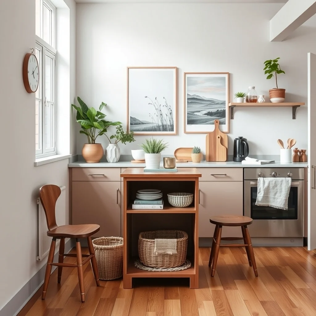 Small Kitchen Storage Ideas When You Have No Pantry interior: 7. Choose a Multi‑Purpose Island with Built‑In Storage - If your kitchen layout permits a small island, select one that doubles as a storage unit. A compact island with a hollow core can hide a pantry basket, a set of cutting boards, and a