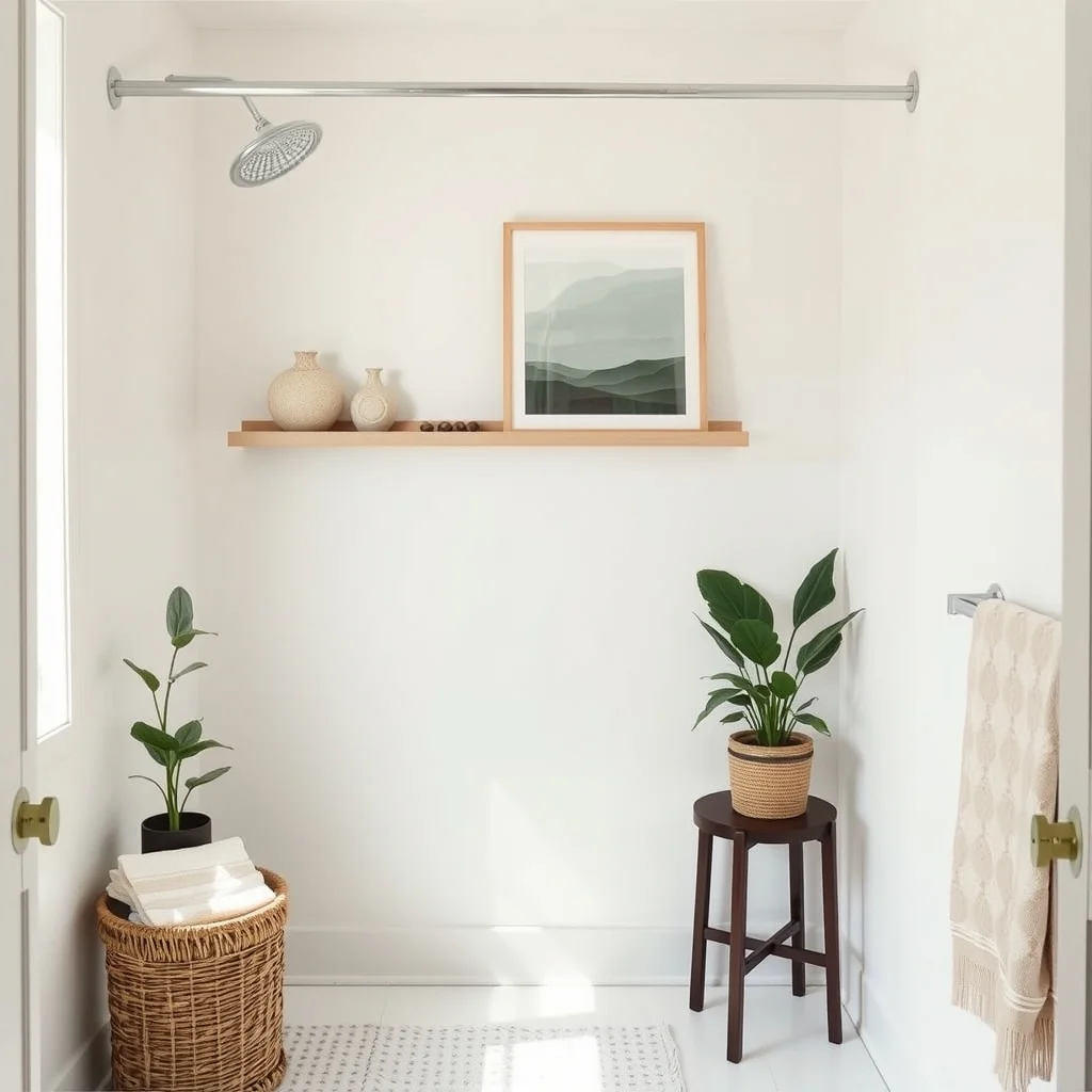 Small Shower Storage Ideas Without Permanent Fixtures interior: 1. Tension‑Rod Shelving That Slides Into Place - A simple steel tension rod can become a narrow shelf when you pair it with a sturdy wooden board or a waterproof tray. The rod spans the width of the shower, pressing against the opposite