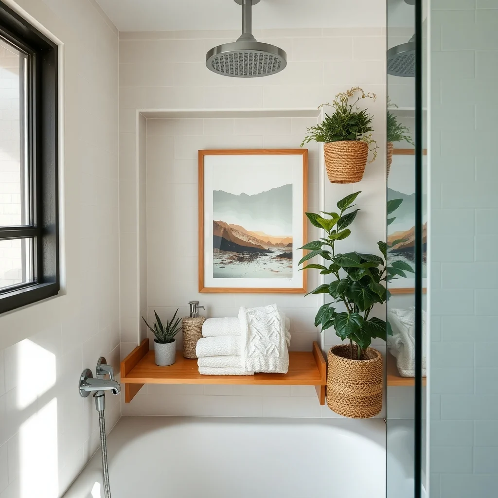 Small Shower Storage Ideas Without Permanent Fixtures interior: 5. Corner Shelf That Leverages an Existing Niche - Many showers have a recessed corner where the wall meets the back tile. A free‑standing corner shelf can sit inside this niche, using the surrounding walls for support. A lightweight acrylic or bamboo unit with