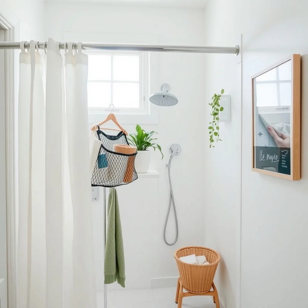 Small Shower Storage Ideas Without Permanent Fixtures interior: 6. Hanging Mesh Bins From the Shower Curtain Rod - A sturdy shower curtain rod can double as a hanging point for lightweight mesh bins that hold towels, washcloths or travel kits. The bins feature reinforced loops that slide over the rod, and the breathable