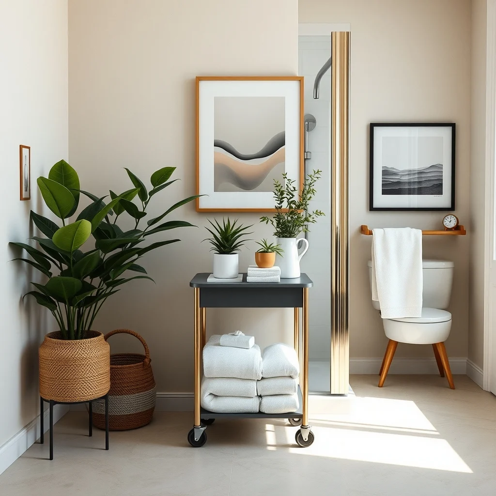 Small Shower Storage Ideas Without Permanent Fixtures interior: 7. Portable Rolling Cart for Towels and Toiletries - A compact rolling cart with a waterproof top surface offers mobile storage that can be tucked into a bathroom corner or rolled out when needed. The cart’s wheels lock in place, preventing it from moving